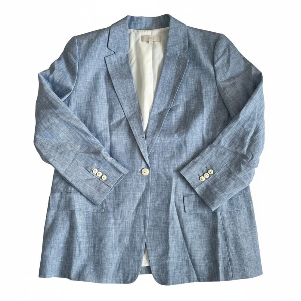 Loft Plus Linen Blend Blazer Jacket Women's Size 18 Blue Single Button Academia